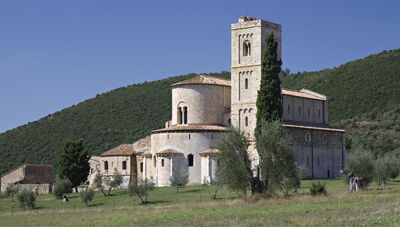 Huge Abbey of St. Antimo surrounded by tuscan hills