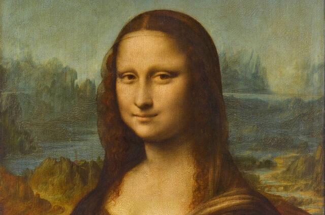 Detail of the Mona Lisa with the bridge in the backdrop