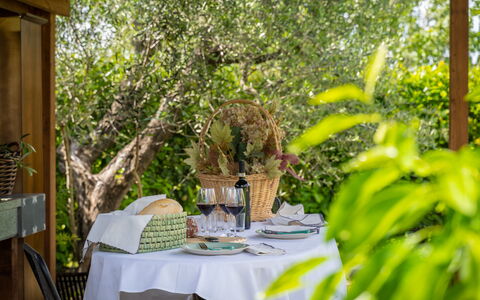 Villa Melinda: Table, Plant, Tableware, Furniture, Chair, Tablecloth, Outdoor Furniture, Yellow, Wine Glass, Tree