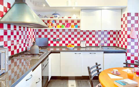 Villa Helvezia - Levanto: Room, Kitchen, Furniture, Interior Design, Property, Red, Orange, Pink, Turquoise, Yellow
