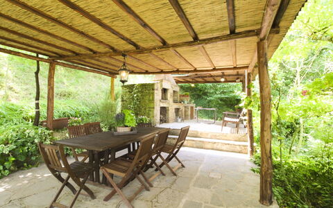 Villa Gioiosa: Wood, Furniture, Table, Kitchen & Dining Room Table, Porch, Chair, Outdoor Furniture, Outdoor Table, Wood Stain, Ceiling