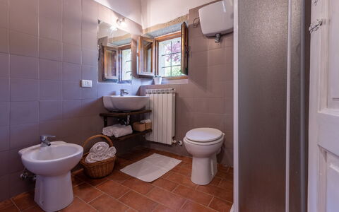 Villa Il Biancospino: Mirror, Plumbing Fixture, Toilet Seat, Property, Toilet, Sink, Tap, Purple, Bathroom, Bathroom Sink