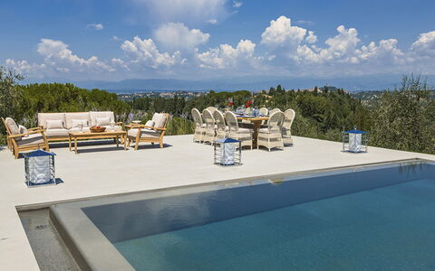 Villa Di Corazzano: Water, Sky, Cloud, Furniture, Swimming Pool, Azure, Sunlounger, Outdoor Furniture, Chair, Tree