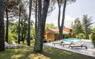 Villa Del Mugello: Plant, Building, Property, Sky, Shade, Tree, House, Land Lot, Cloud, Swimming Pool