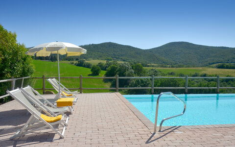 Villa Guardistallo: Sky, Water, Plant, Swimming Pool, Tree, Shade, Outdoor Furniture, Land Lot, Mountain, Grass