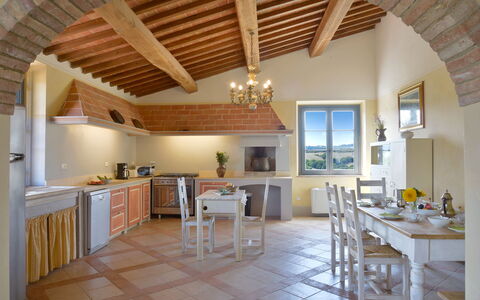 Villa Guardistallo: Table, Furniture, Countertop, Chair, Wood, Kitchen, Interior Design, Flooring, Floor, Kitchen & Dining Room Table