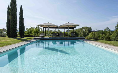 Villa Dell'acquaborra: Blue, Water, Swimming Pool, Shade, Outdoor Furniture, Resort, Eco Hotel, Landscaping, Reflection, Reflecting Pool