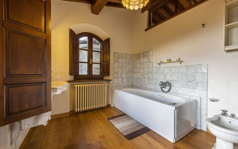 Villa Montignoso: Bathtub, Property, Plumbing Fixture, Window, Wood, Bathroom, Picture Frame, Tap, Interior Design