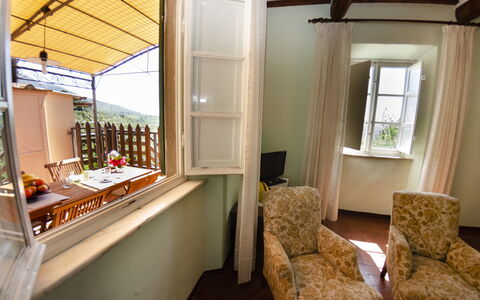 Alla Collina Del Sole: Furniture, Window, Building, Wood, Living Room, Interior Design, Shade, Lamp, Couch, Curtain