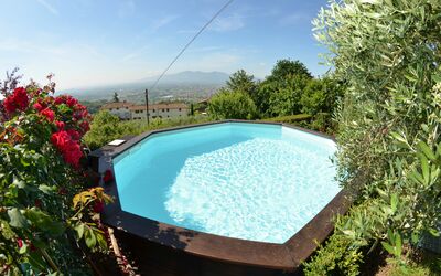 Alla Collina Del Sole: Water, Sky, Flower, Swimming Pool, Cloud, Nature, Plant, Rectangle, Shade, Outdoor Furniture