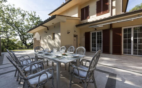 Villa Monteresi: Furniture, Property, Building, Table, Window, Plant, Sky, Chair, Shade, Interior Design