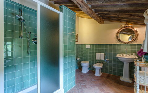Villa Castellaccio: Mirror, Plumbing Fixture, Sink, Bathroom, Tap, Shower, Interior Design, Purple, Building, Floor