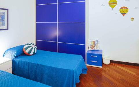 Apartment Fernanda - Levanto: Furniture, Blue, Azure, Comfort, Building, Textile, Picture Frame, Wood, Floor, Flooring
