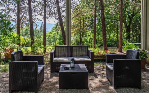 Villa Pania: Plant, Furniture, Table, Wood, Outdoor Furniture, Shade, Tree, Living Room, Sky, Couch