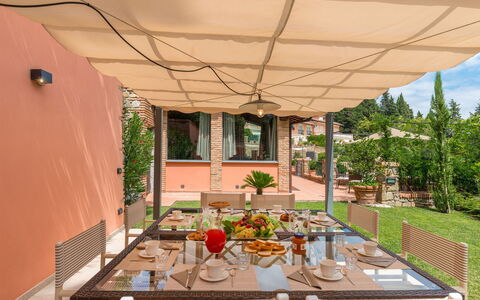 Villa Vico: Table, Plant, Building, Window, Shade, Interior Design, Wood, Architecture, Food, Outdoor Furniture