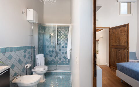 Villa Noemi: Sink, Plumbing Fixture, Azure, Mirror, Bathroom, Building, Architecture, Comfort, Interior Design, Floor