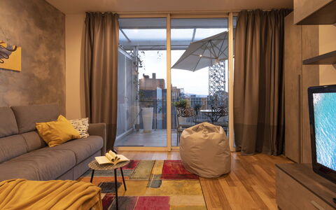 Florence Suite Apartment: Couch, Table, Furniture, Property, Comfort, Building, Wood, Interior Design, Shade, Curtain