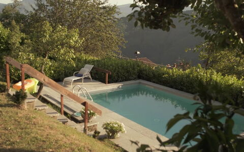 Villa In Garfagnana: Water, Plant, Swimming Pool, Body Of Water, Outdoor Furniture, Tree, Chair, Grass, Landscape, Leisure