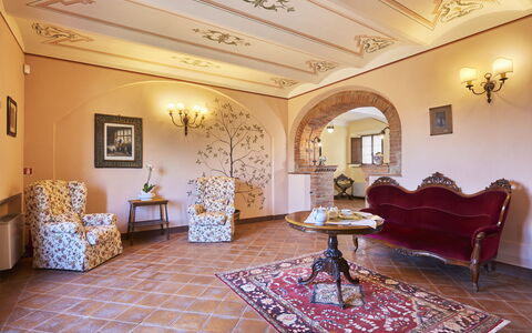 Villa Sulle Crete: Furniture, Decoration, Building, Table, Picture Frame, Interior Design, Lighting, Living Room, House, Flooring