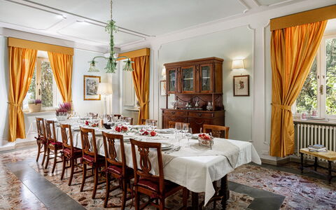 Villa Staggia: Furniture, Interior Design, Table, Chair, Ceiling, Textile, Lighting, Flooring, Dining Room, Room