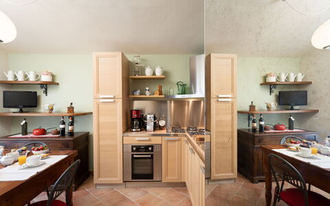 Villa Di Pillo: Furniture, Table, Cabinetry, Shelf, Wood, Countertop, Shelving, Kitchen, Building, Floor