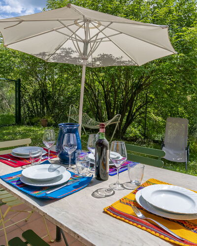 Casa Bosco D'arte Holiday Home , Greve In Chianti,: Table, Plant, Cloud, Property, Furniture, Tableware, Sky, Outdoor Table, Chair, Tree