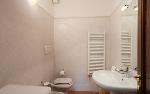 Villa Olivi - Subbiano, Toscana, Pool And Nature: Tap, Sink, Plumbing Fixture, Bathroom Sink, Building, Bathroom, Mirror, Lighting, Architecture, Interior Design