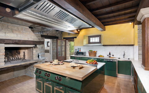 Villa Torre Delle Rose - Firenzuola, Private Pool,: Cabinetry, Countertop, Property, Furniture, Table, Building, Kitchen, Wood, Kitchen Stove, Exhaust Hood