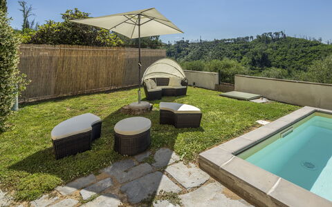 Massarosa Front Lake, The Gargoyles: Outdoor Furniture, Furniture, Garden, Shade, Swimming Pool, Landscaping, Backyard, Chair, Outdoor Table, Umbrella