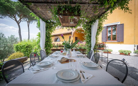 Villa Recanati, Val D'orcia, Private Pool, Jacuzzi: Table, Plant, Tableware, Property, Furniture, Building, Chair, Tablecloth, Dishware, Interior Design