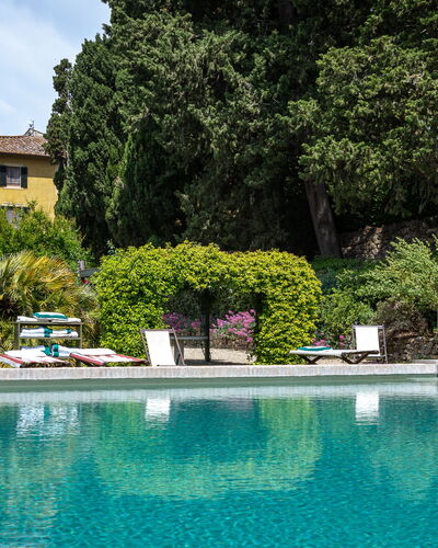 Castello Di Quarate: Water, Plant, Building, Sky, Tree, Natural Landscape, Chair, Cloud, Outdoor Furniture, Swimming Pool