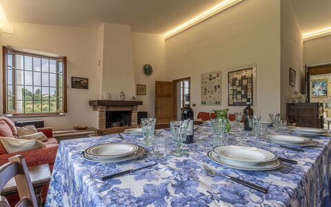 Casa Di Luca, Pool, Castelnuovo Berardenga: Table, Furniture, Property, Chair, Picture Frame, Building, Azure, Window, Tablecloth, Interior Design
