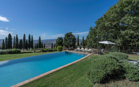Orcia Panoramic View With Pool: Water, Sky, Plant, Cloud, Swimming Pool, Tree, Natural Landscape, Land Lot, Grass, Leisure