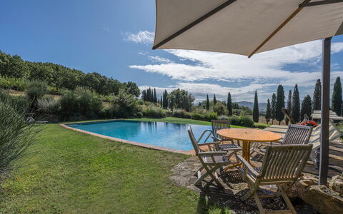Orcia Panoramic View With Pool: Water, Plant, Sky, Furniture, Cloud, Swimming Pool, Umbrella, Chair, Azure, Outdoor Furniture