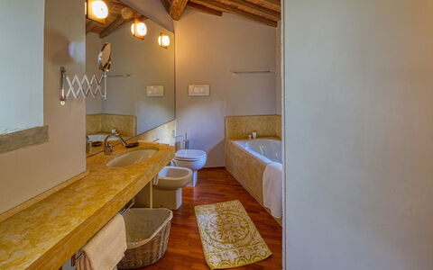 Villa Maestosa - Camaiore, Toscana: Plumbing Fixture, Tap, Sink, Mirror, Wood, Interior Design, Bathroom, Flooring, Floor, Hardwood