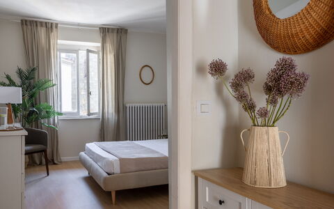 Lucca Old Town Apartment - Lucca, Toscana: Furniture, Interior Design, Bedroom, Wood, Bed, Flooring, Floor, Room, Home, Lighting
