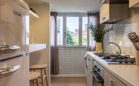 Lucca Old Town Apartment - Lucca, Toscana: Kitchen Appliance, Kitchen, Countertop, Major Appliance, Interior Design, Home Appliance, Cabinetry, Wood, Flooring, Furniture