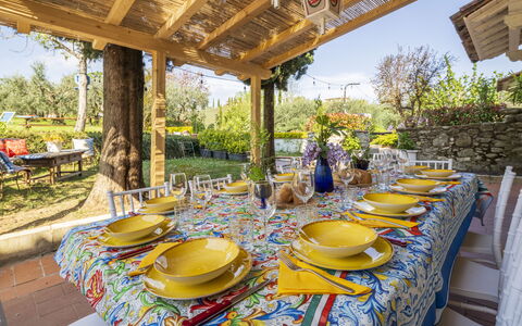 Country House Casalguidi 191 Private Pool: Tablecloth, Table, Tableware, Furniture, Linens, Dishware, Food, Serveware, Chair, Dining Room