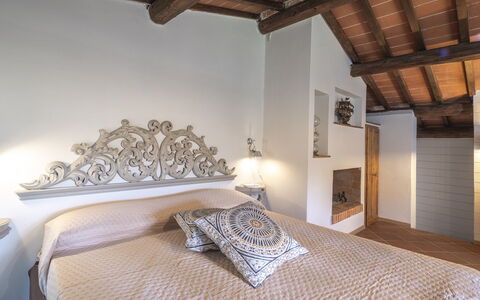 Country House Casalguidi 191 Private Pool: Wall, Bedroom, Bed, Interior Design, Furniture, Bed Sheet, Bedding, Linens, Flooring, Floor