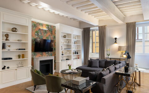 Bargello Penthouse Luxury Apartment in Florence by: Furniture, Table, Property, Couch, Chair, Picture Frame, Bookcase, Shelf, Interior Design, Wood