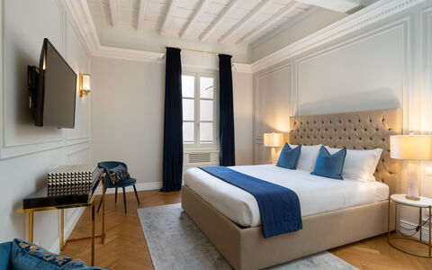 Bargello Penthouse Luxury Apartment in Florence by: Furniture, Building, Comfort, Azure, Wood, Picture Frame, Lighting, Bed Frame, Interior Design, Lamp