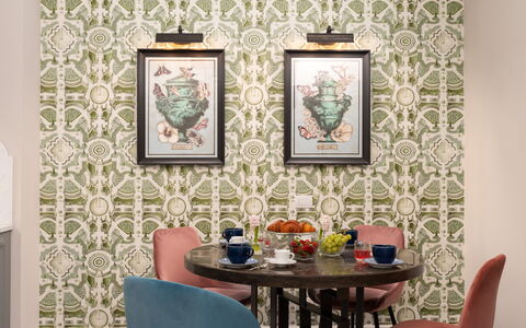 Pazzi Penthouse Luxury Apartment in Florence by Pa: Table, Furniture, Property, Chair, Wood, Textile, Interior Design, Picture Frame, Wall, Art