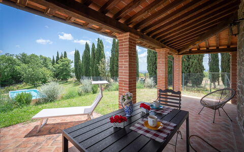 Vineyard’s Cottage With Pool, Ac, Wifi - Siena: Plant, Property, Table, Sky, Wood, Flowerpot, Building, Shade, Interior Design, Porch