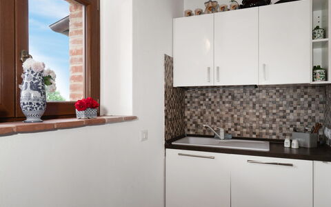 Vineyard’s Cottage With Pool, Ac, Wifi - Siena: Property, Cabinetry, White, Wood, Plant, Interior Design, Countertop, Flowerpot, Shelving