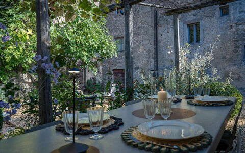 Casa Di Pietro In Vivo D'orcia, Pool: Furniture, Wall, Table, Chair, Lighting, Kitchen & Dining Room Table, Interior Design, Restaurant, Houseplant, Dining Room