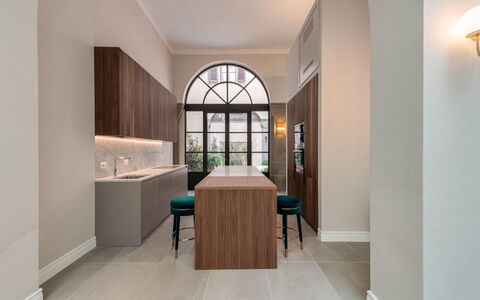 Duomo Penthouse Luxury Apartment In Florence By Pa: Property, Table, Building, Wood, Interior Design, Lighting, Flooring, Cabinetry, Drawer, Floor