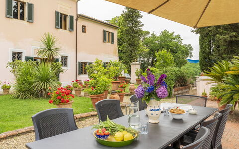 Villa Montegattoli, Pool, Landscape, Wifi, Ac: Flower, Table, Plant, Furniture, Tableware, Building, Window, Food, Chair, Flowerpot