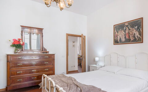 Cascine Apartment In Florence: Bed, Furniture, Bedroom, Interior Design, Bedding, Bed Sheet, Wall, Floor, Wood, Flooring