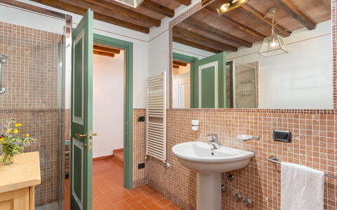 Villa Ida: Mirror, Tap, Sink, Plumbing Fixture, Property, Bathroom, Building, Bathroom Sink, Plant, Wood