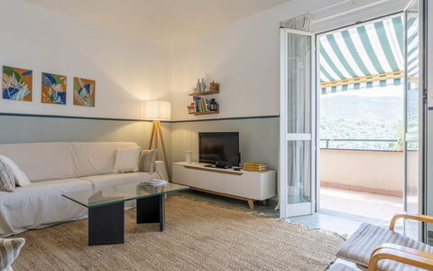 Emma House, Terrace and Sea View, Moneglia: Furniture, Picture Frame, Property, Azure, Window Blind, Couch, Comfort, Interior Design, Wood